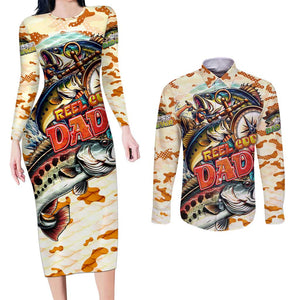 Bass Fishing Reel Cool Dad Couples Matching Long Sleeve Bodycon Dress and Long Sleeve Button Shirt Tropical Vintage