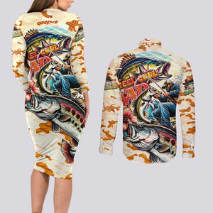 Bass Fishing Reel Cool Dad Couples Matching Long Sleeve Bodycon Dress and Long Sleeve Button Shirt Tropical Vintage