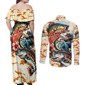 Bass Fishing Reel Cool Dad Couples Matching Off Shoulder Maxi Dress and Long Sleeve Button Shirt Tropical Vintage