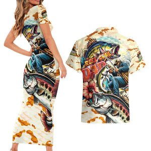 Bass Fishing Reel Cool Dad Couples Matching Short Sleeve Bodycon Dress and Hawaiian Shirt Tropical Vintage