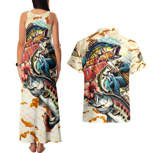 Bass Fishing Reel Cool Dad Couples Matching Tank Maxi Dress and Hawaiian Shirt Tropical Vintage