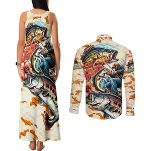 Bass Fishing Reel Cool Dad Couples Matching Tank Maxi Dress and Long Sleeve Button Shirt Tropical Vintage