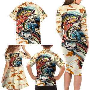 Bass Fishing Reel Cool Dad Family Matching Long Sleeve Bodycon Dress and Hawaiian Shirt Tropical Vintage