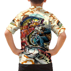 Bass Fishing Reel Cool Dad Family Matching Off The Shoulder Long Sleeve Dress and Hawaiian Shirt Tropical Vintage