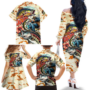 Bass Fishing Reel Cool Dad Family Matching Off The Shoulder Long Sleeve Dress and Hawaiian Shirt Tropical Vintage