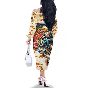 Bass Fishing Reel Cool Dad Family Matching Off The Shoulder Long Sleeve Dress and Hawaiian Shirt Tropical Vintage