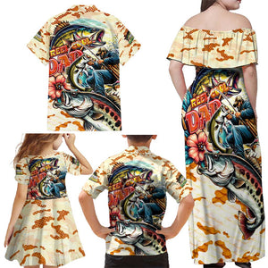 Bass Fishing Reel Cool Dad Family Matching Off Shoulder Maxi Dress and Hawaiian Shirt Tropical Vintage