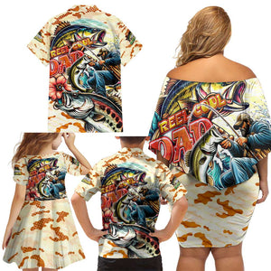 Bass Fishing Reel Cool Dad Family Matching Off Shoulder Short Dress and Hawaiian Shirt Tropical Vintage