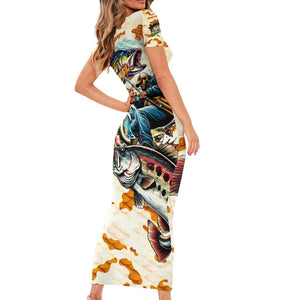 Bass Fishing Reel Cool Dad Family Matching Short Sleeve Bodycon Dress and Hawaiian Shirt Tropical Vintage