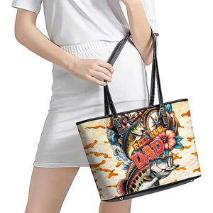 Bass Fishing Reel Cool Dad Leather Tote Bag Tropical Vintage
