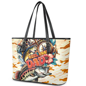 Bass Fishing Reel Cool Dad Leather Tote Bag Tropical Vintage