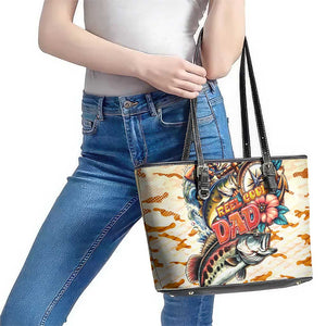 Bass Fishing Reel Cool Dad Leather Tote Bag Tropical Vintage