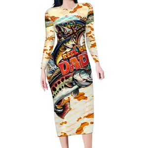 Bass Fishing Reel Cool Dad Long Sleeve Bodycon Dress Tropical Vintage