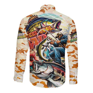 Bass Fishing Reel Cool Dad Long Sleeve Button Shirt Tropical Vintage