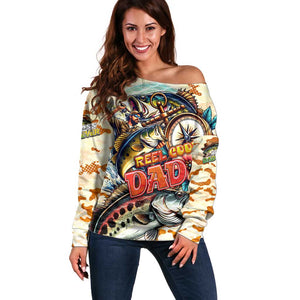 Bass Fishing Reel Cool Dad Off Shoulder Sweater Tropical Vintage