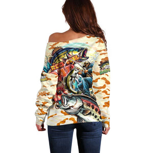 Bass Fishing Reel Cool Dad Off Shoulder Sweater Tropical Vintage