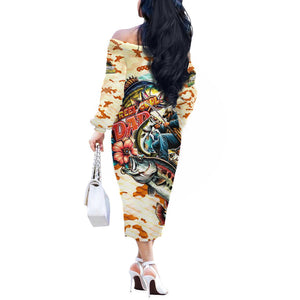 Bass Fishing Reel Cool Dad Off The Shoulder Long Sleeve Dress Tropical Vintage