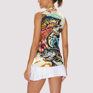 Bass Fishing Reel Cool Dad Women Sleeveless Polo Shirt Tropical Vintage