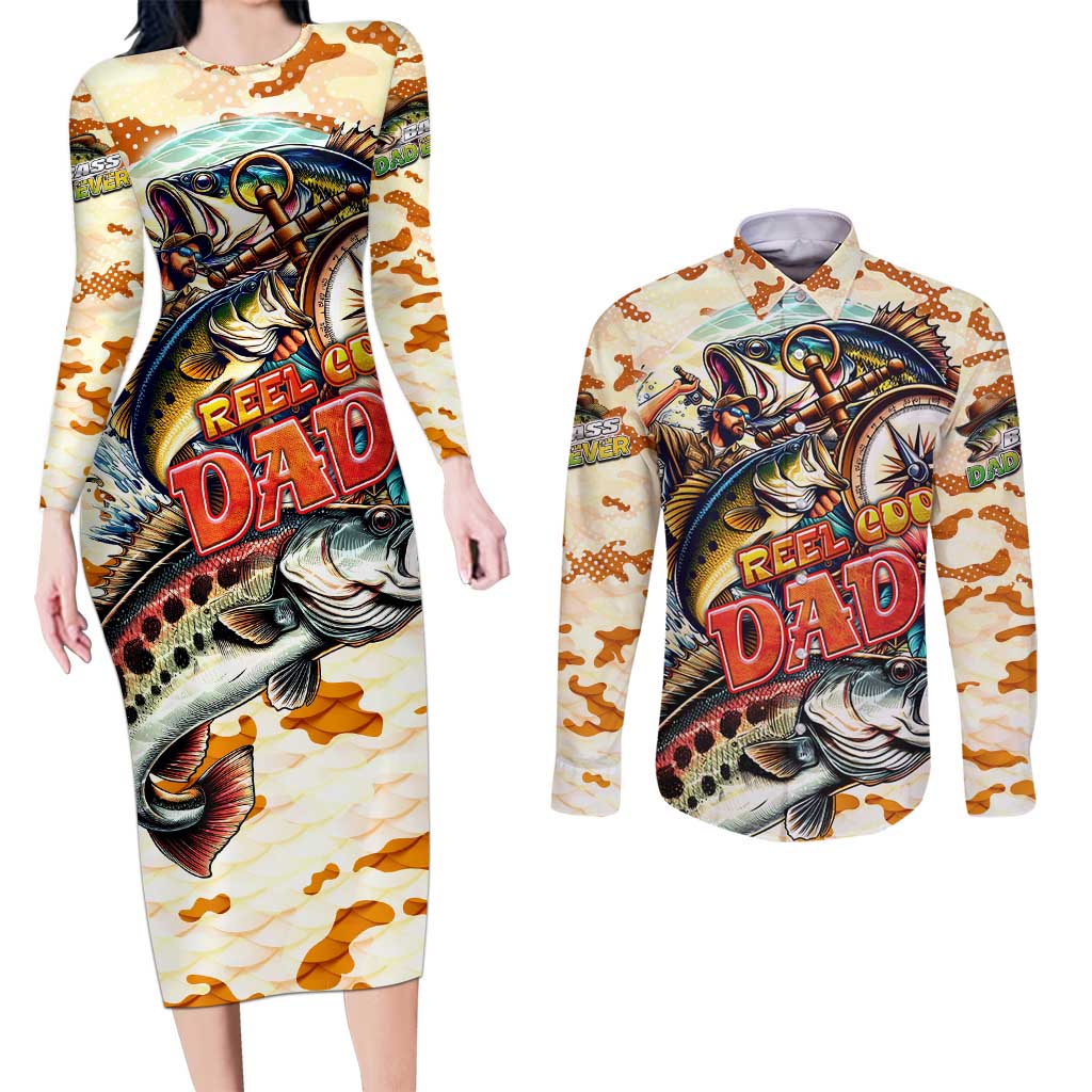 Bass Fishing Reel Cool Dad Couples Matching Long Sleeve Bodycon Dress and Long Sleeve Button Shirt Tropical Vintage