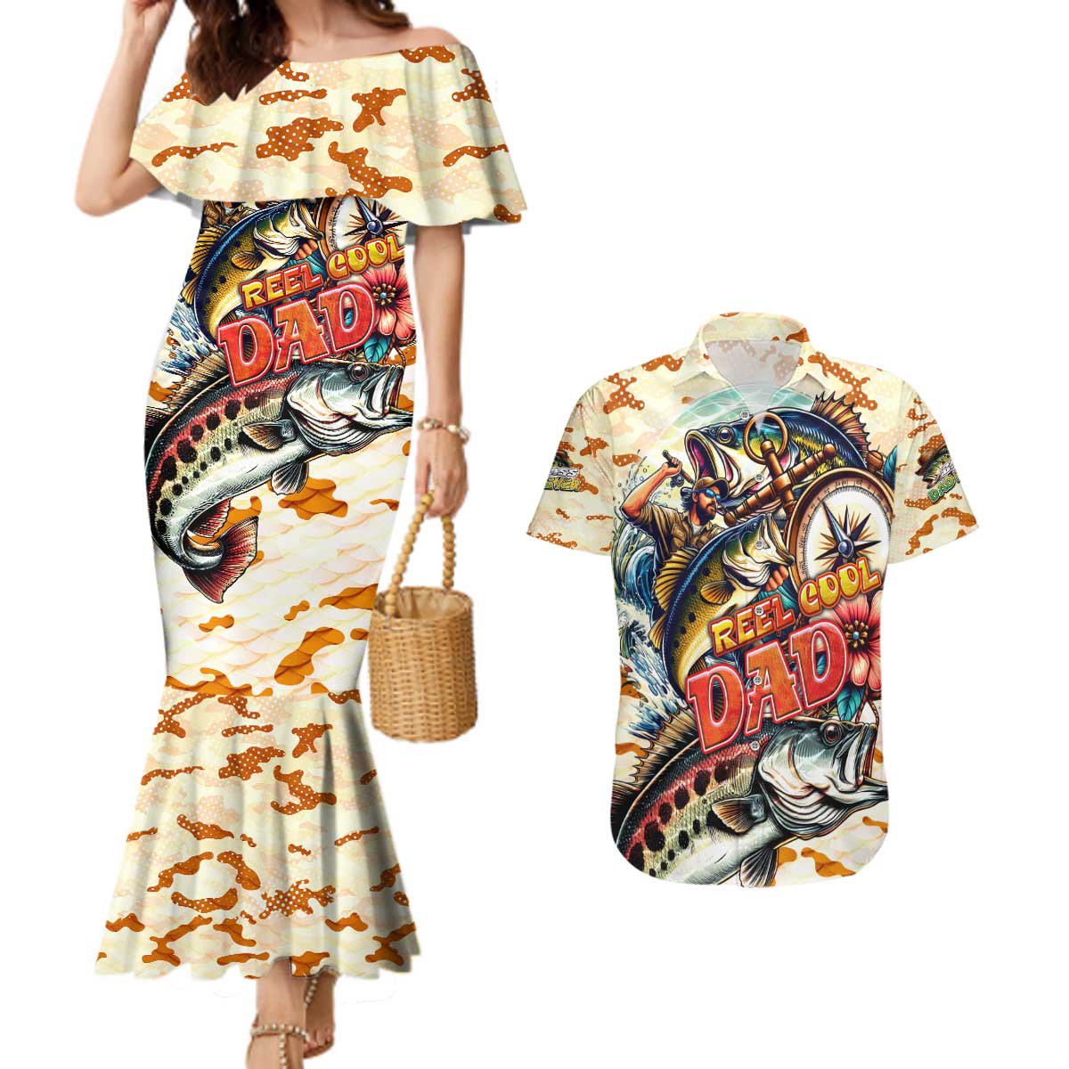 Bass Fishing Reel Cool Dad Couples Matching Mermaid Dress and Hawaiian Shirt Tropical Vintage