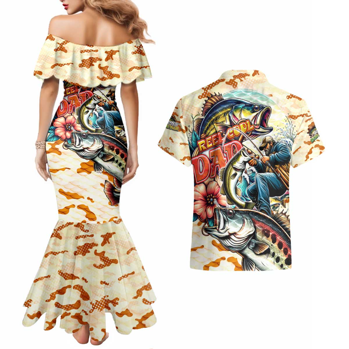 Bass Fishing Reel Cool Dad Couples Matching Mermaid Dress and Hawaiian Shirt Tropical Vintage