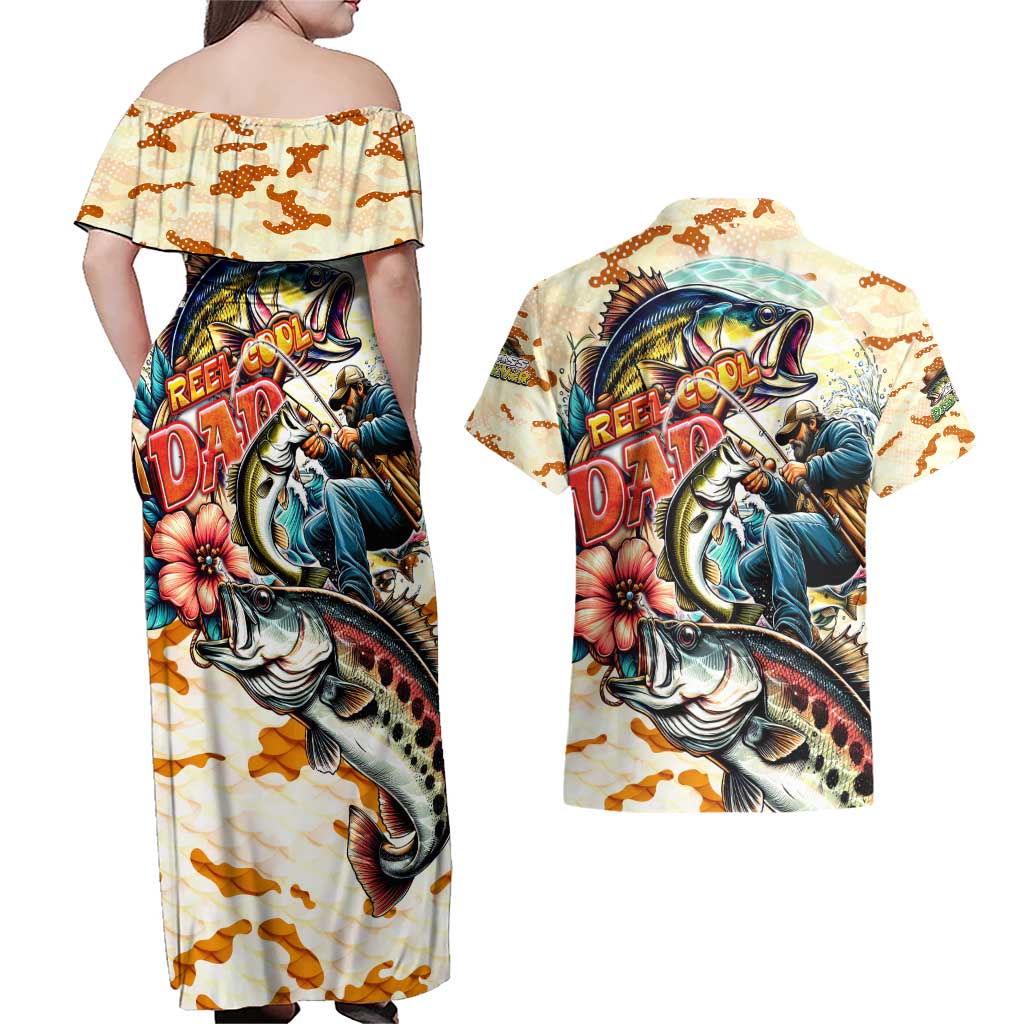Bass Fishing Reel Cool Dad Couples Matching Off Shoulder Maxi Dress and Hawaiian Shirt Tropical Vintage