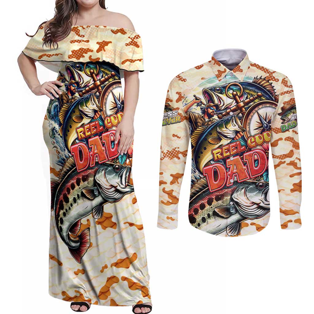 Bass Fishing Reel Cool Dad Couples Matching Off Shoulder Maxi Dress and Long Sleeve Button Shirt Tropical Vintage