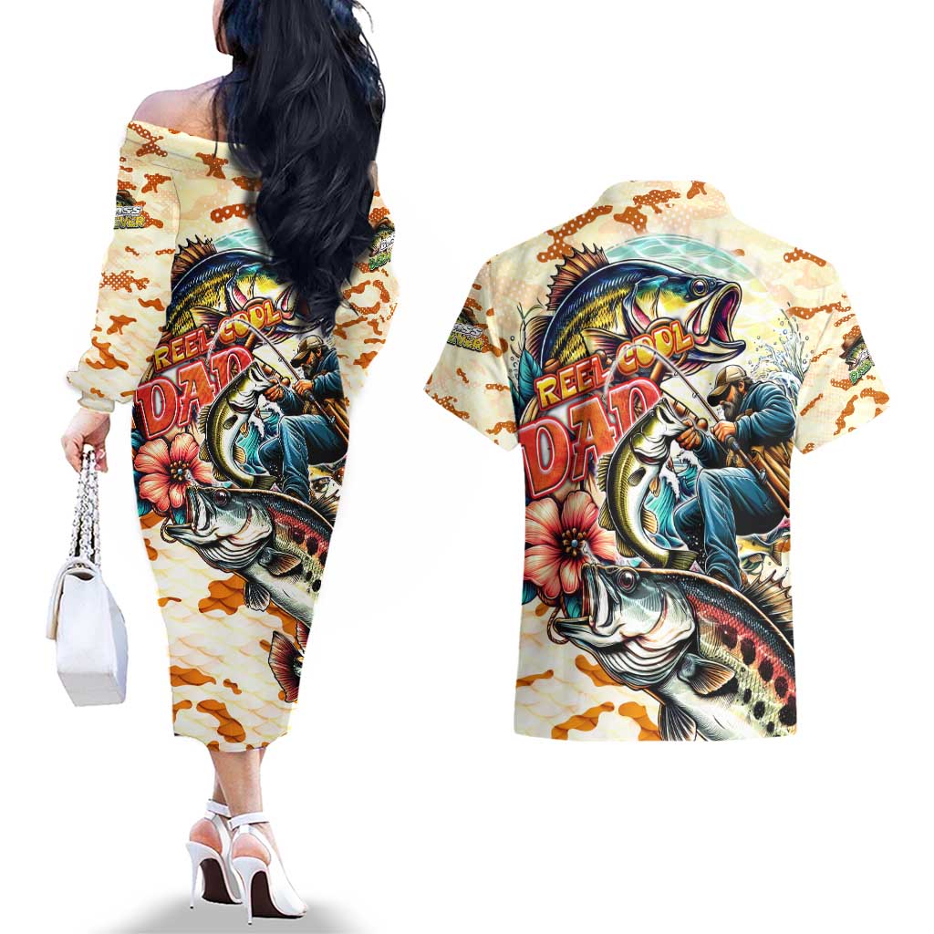 Bass Fishing Reel Cool Dad Couples Matching Off The Shoulder Long Sleeve Dress and Hawaiian Shirt Tropical Vintage