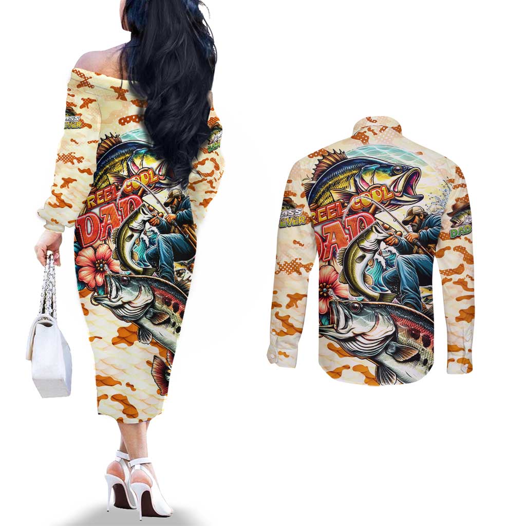 Bass Fishing Reel Cool Dad Couples Matching Off The Shoulder Long Sleeve Dress and Long Sleeve Button Shirt Tropical Vintage