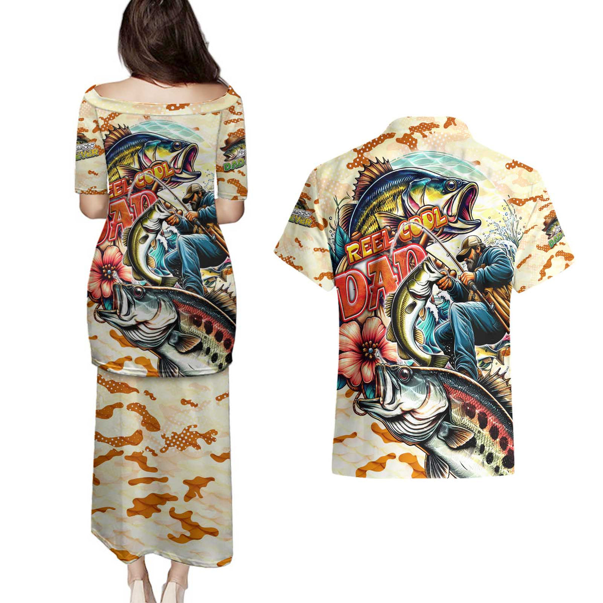 Bass Fishing Reel Cool Dad Couples Matching Puletasi and Hawaiian Shirt Tropical Vintage