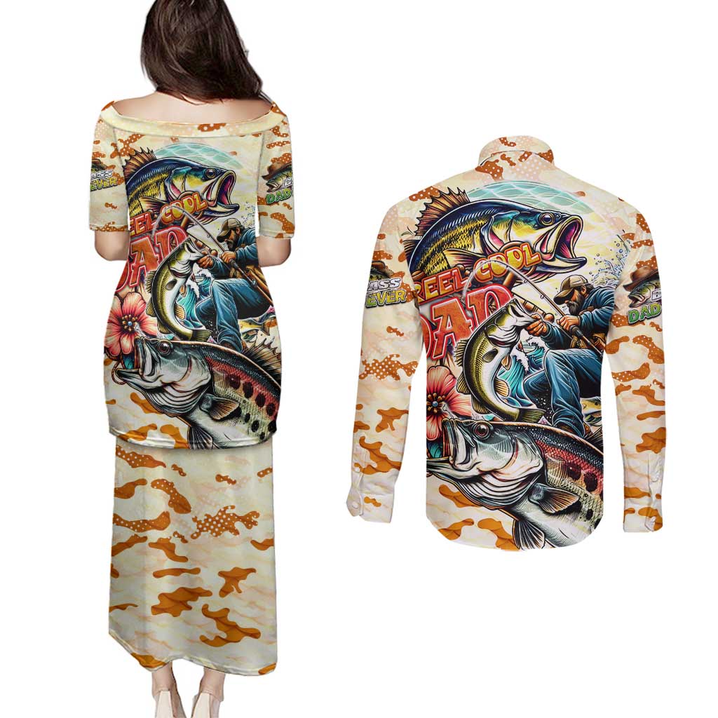 Bass Fishing Reel Cool Dad Couples Matching Puletasi and Long Sleeve Button Shirt Tropical Vintage