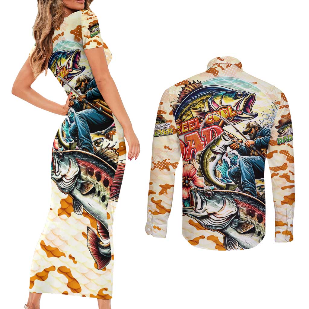 Bass Fishing Reel Cool Dad Couples Matching Short Sleeve Bodycon Dress and Long Sleeve Button Shirt Tropical Vintage
