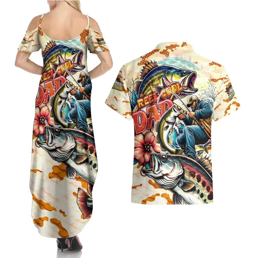 Bass Fishing Reel Cool Dad Couples Matching Summer Maxi Dress and Hawaiian Shirt Tropical Vintage