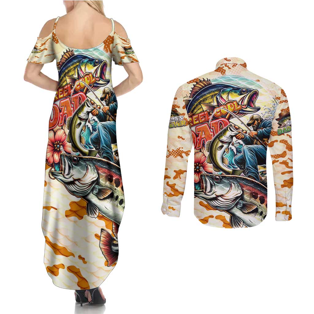 Bass Fishing Reel Cool Dad Couples Matching Summer Maxi Dress and Long Sleeve Button Shirt Tropical Vintage