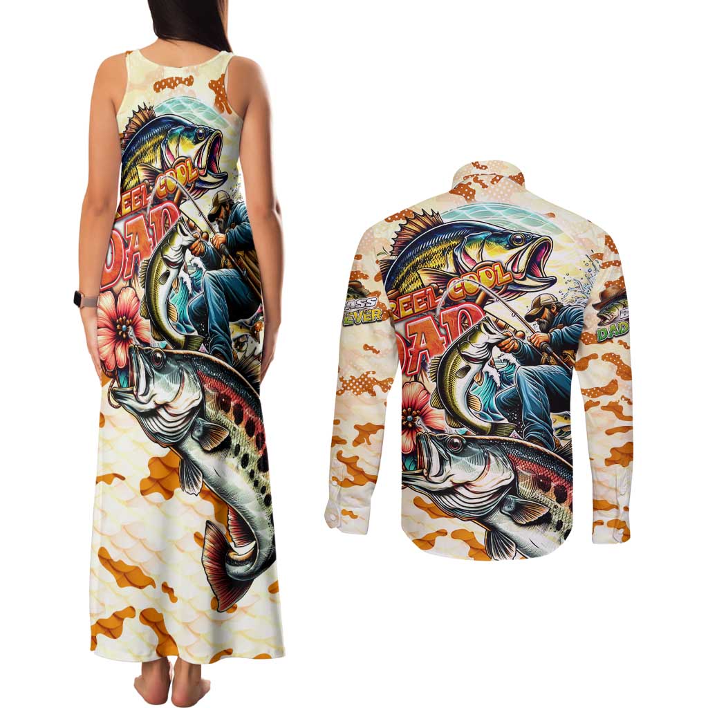 Bass Fishing Reel Cool Dad Couples Matching Tank Maxi Dress and Long Sleeve Button Shirt Tropical Vintage