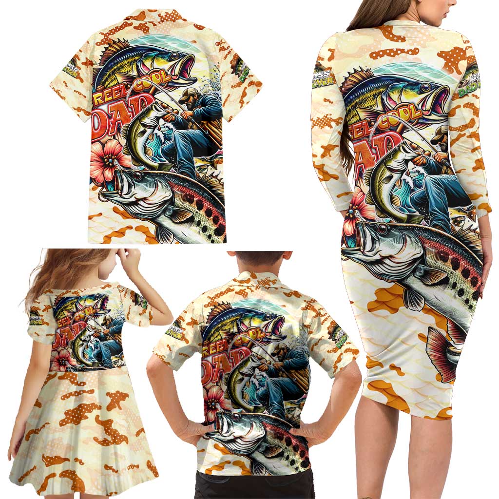 Bass Fishing Reel Cool Dad Family Matching Long Sleeve Bodycon Dress and Hawaiian Shirt Tropical Vintage