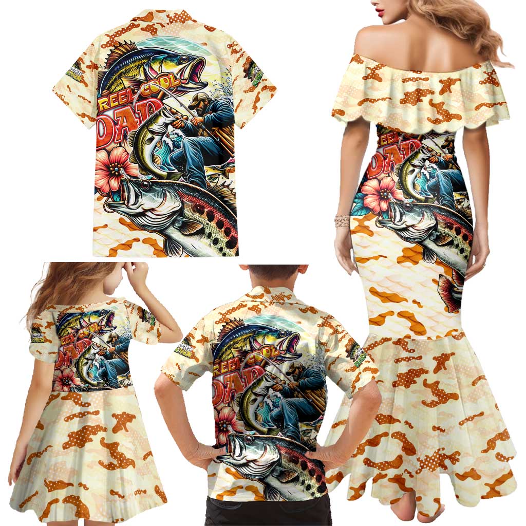 Bass Fishing Reel Cool Dad Family Matching Mermaid Dress and Hawaiian Shirt Tropical Vintage