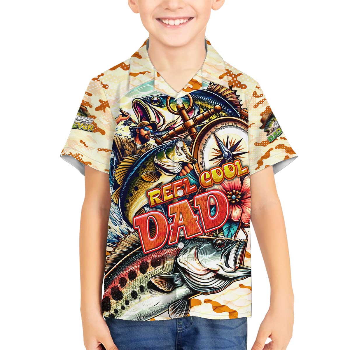 Bass Fishing Reel Cool Dad Family Matching Off The Shoulder Long Sleeve Dress and Hawaiian Shirt Tropical Vintage