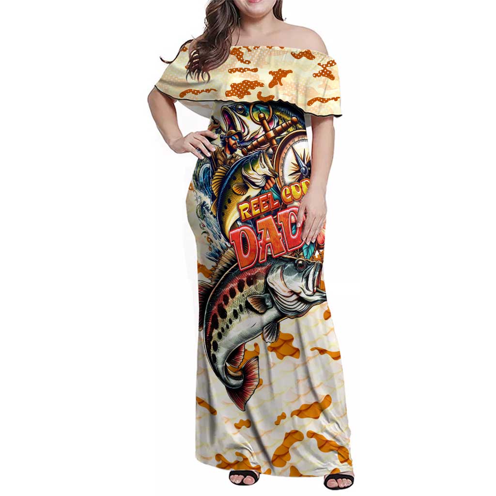 Bass Fishing Reel Cool Dad Family Matching Off Shoulder Maxi Dress and Hawaiian Shirt Tropical Vintage