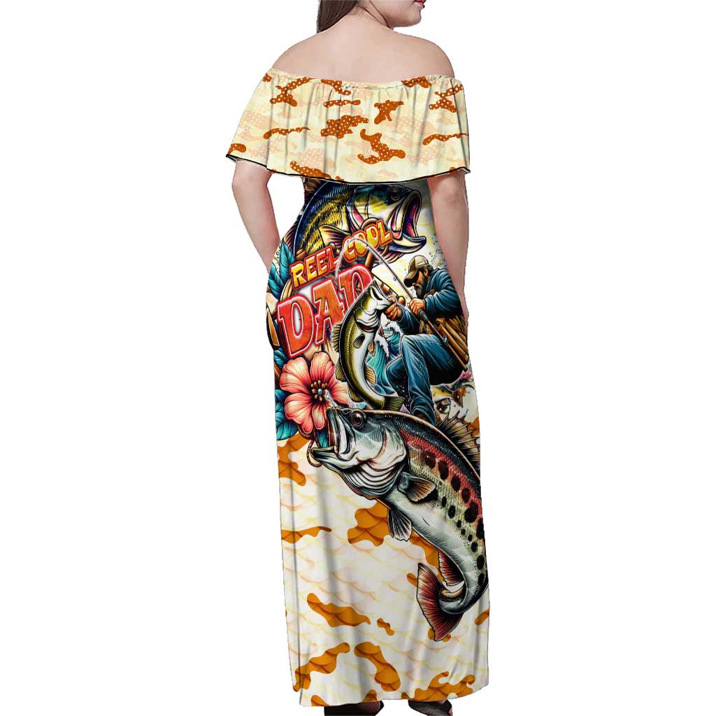 Bass Fishing Reel Cool Dad Family Matching Off Shoulder Maxi Dress and Hawaiian Shirt Tropical Vintage