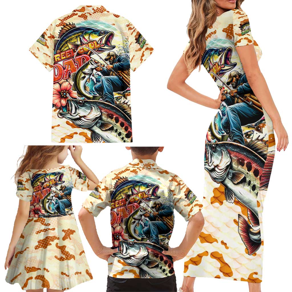Bass Fishing Reel Cool Dad Family Matching Short Sleeve Bodycon Dress and Hawaiian Shirt Tropical Vintage
