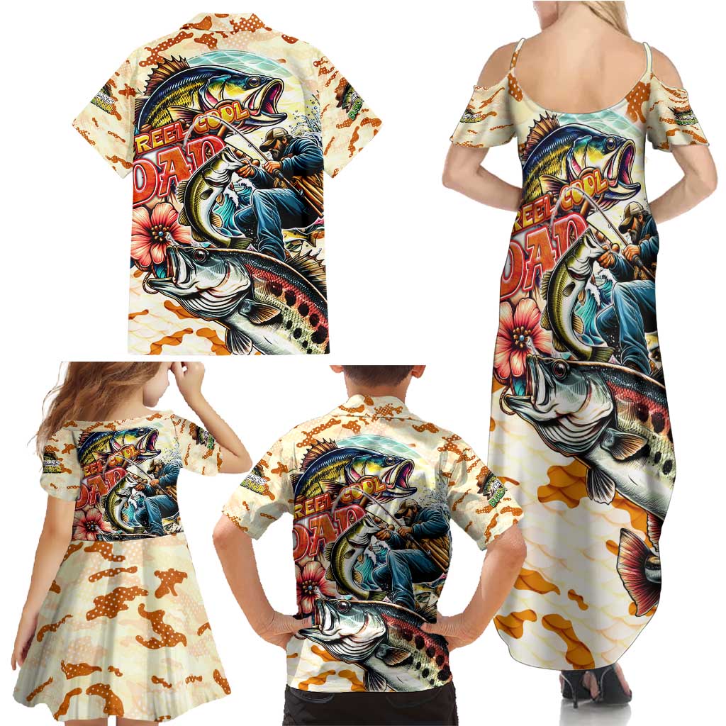 Bass Fishing Reel Cool Dad Family Matching Summer Maxi Dress and Hawaiian Shirt Tropical Vintage
