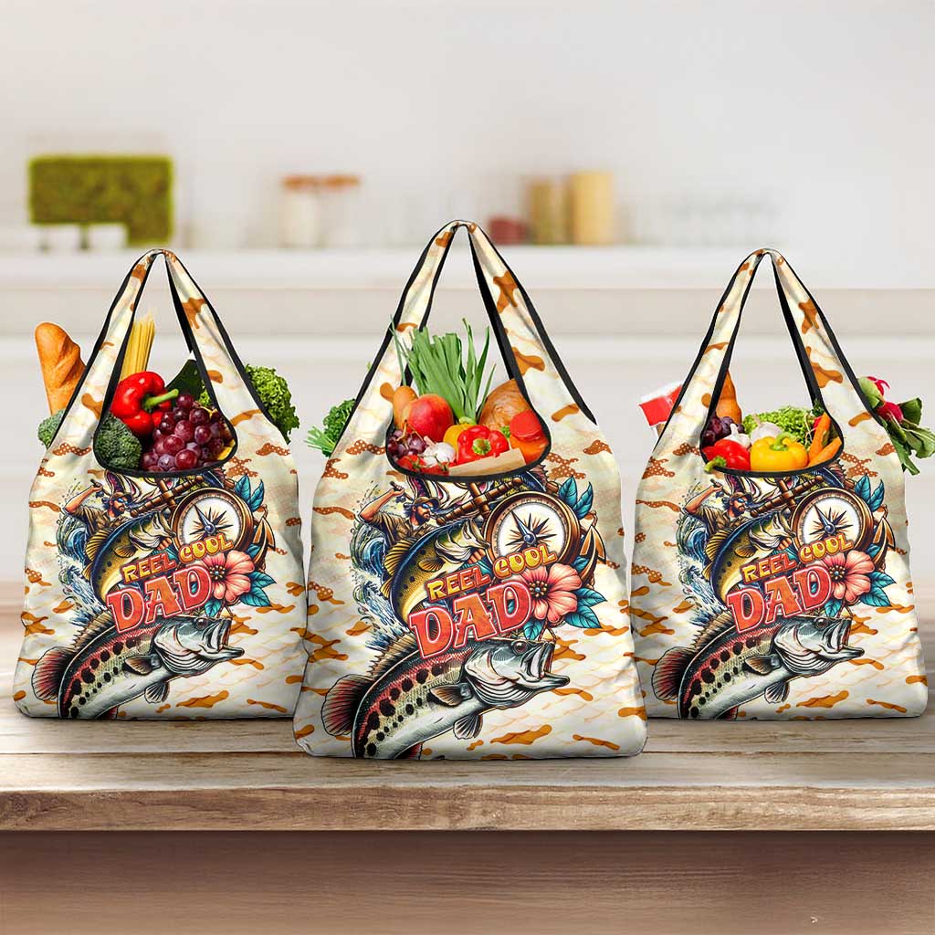 Bass Fishing Reel Cool Dad Grocery Bag Tropical Vintage