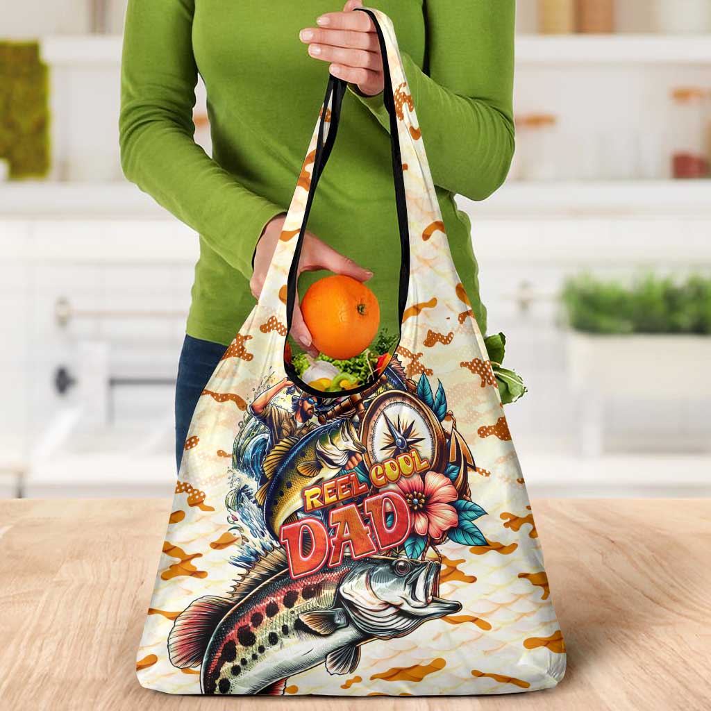 Bass Fishing Reel Cool Dad Grocery Bag Tropical Vintage