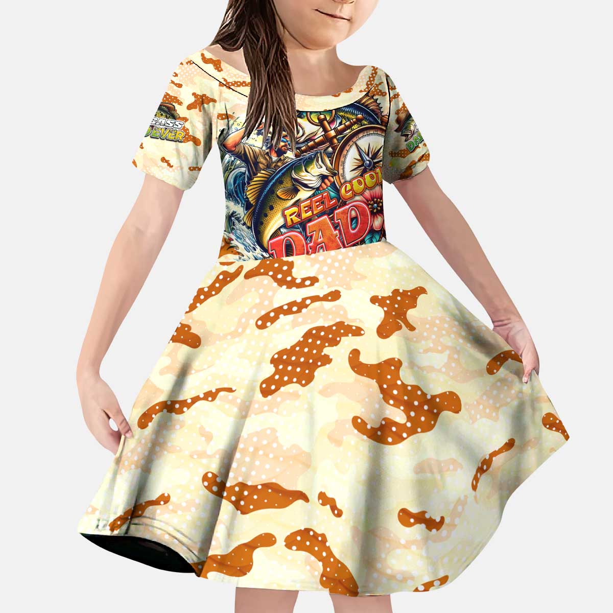 Bass Fishing Reel Cool Dad Kid Short Sleeve Dress Tropical Vintage
