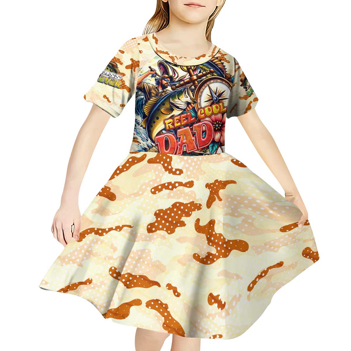 Bass Fishing Reel Cool Dad Kid Short Sleeve Dress Tropical Vintage