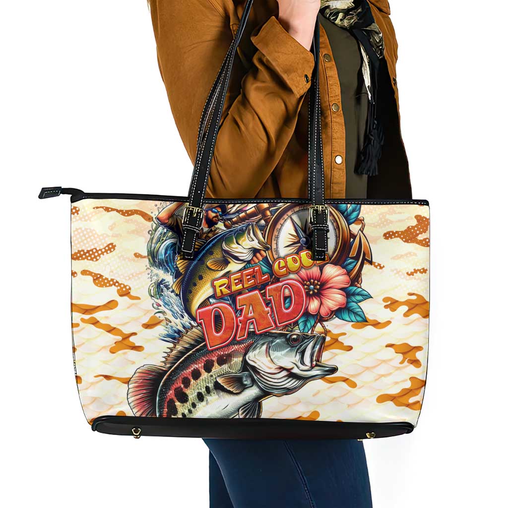 Bass Fishing Reel Cool Dad Leather Tote Bag Tropical Vintage