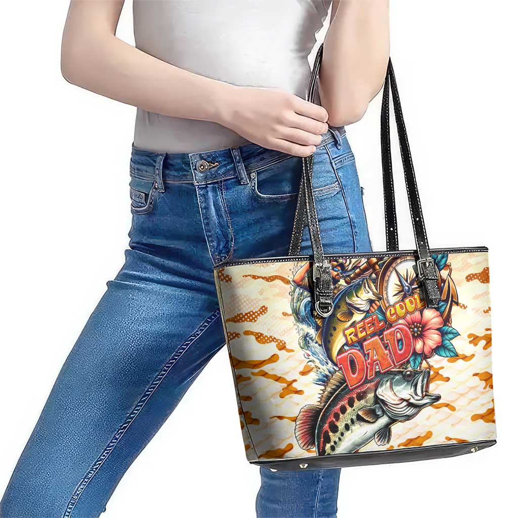 Bass Fishing Reel Cool Dad Leather Tote Bag Tropical Vintage