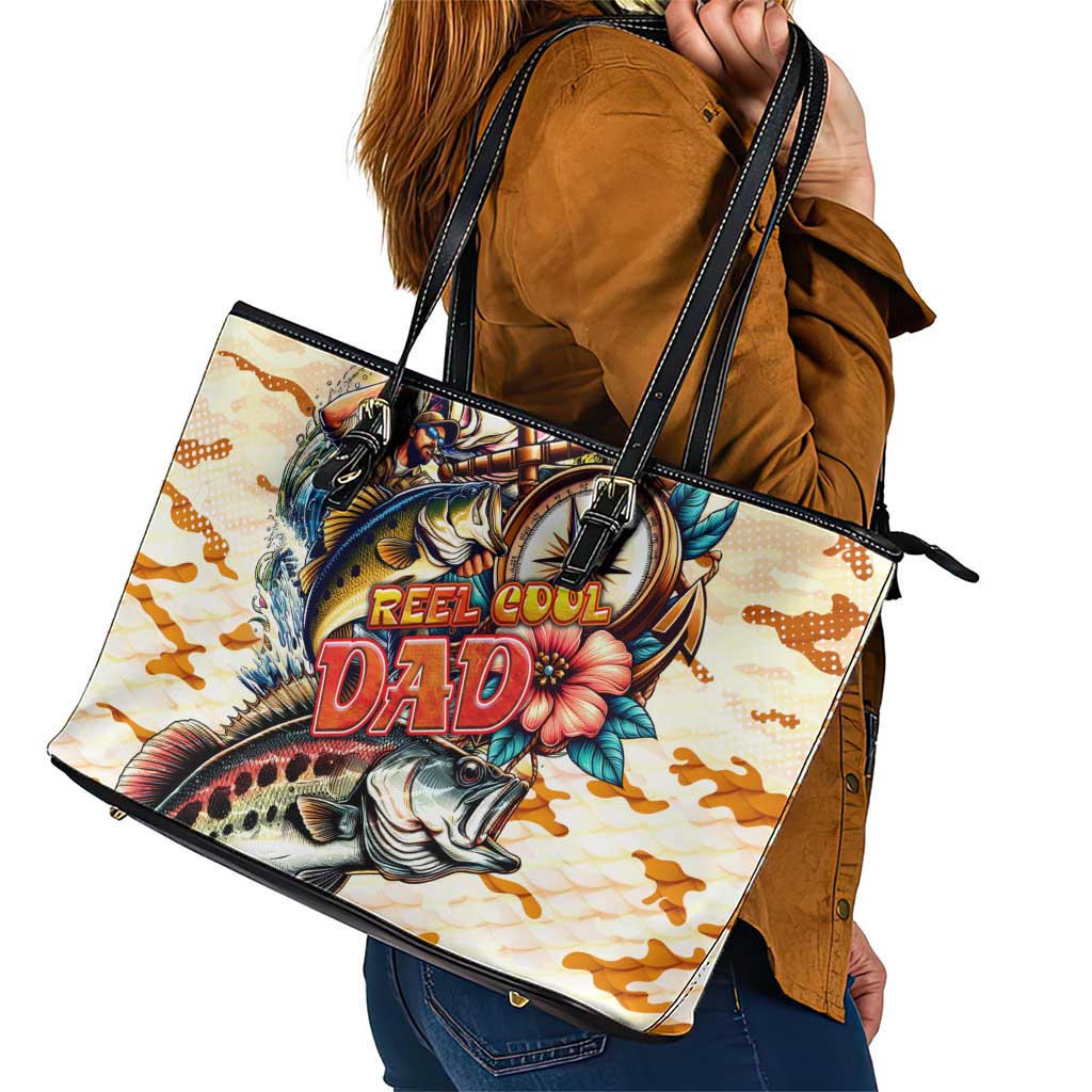 Bass Fishing Reel Cool Dad Leather Tote Bag Tropical Vintage
