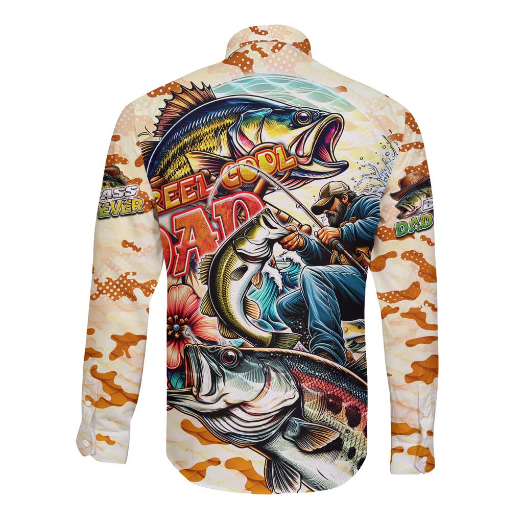 Bass Fishing Reel Cool Dad Long Sleeve Button Shirt Tropical Vintage